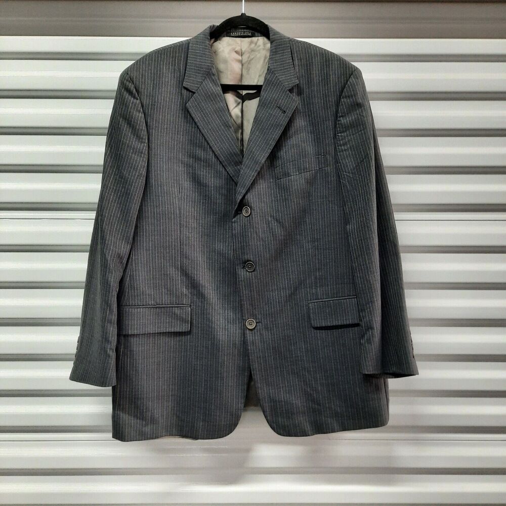 Vintage Kenneth Cole Sport Coat Men 46R Gray Stripe Suit Blazer Jacket